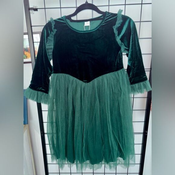 Other - Child’s green velvety dress with tulle skirt and ruffles NWT